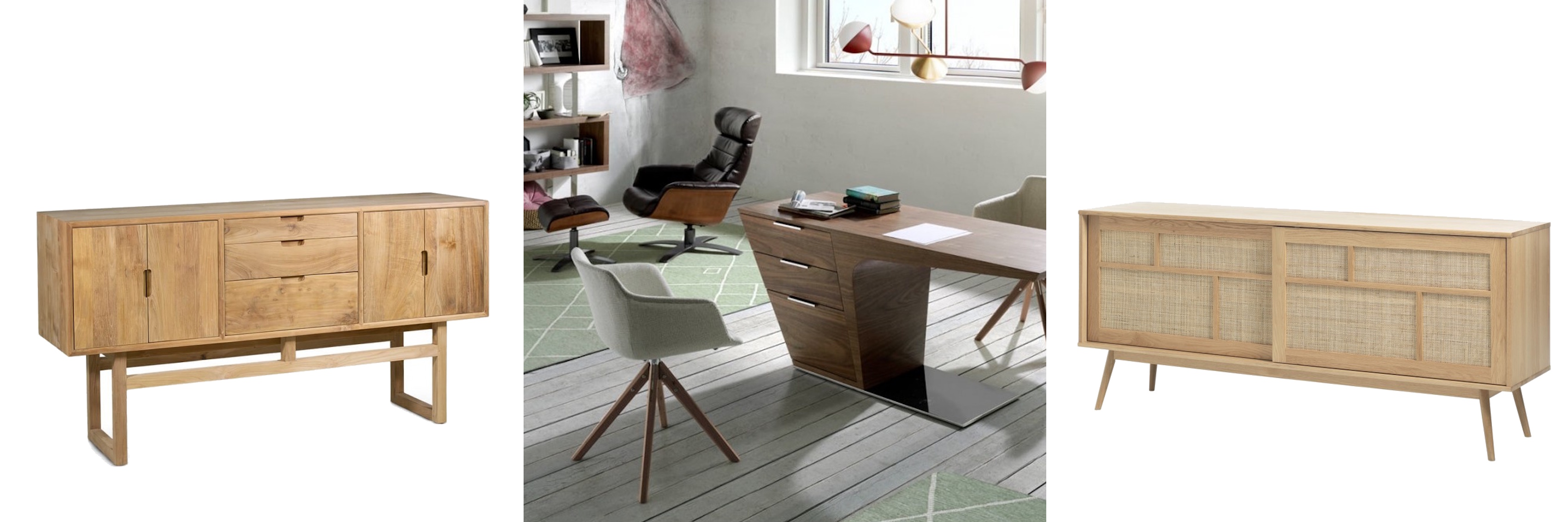 Luxusní nábytek v mid century modern stylu masivní příborník Lilia na vysokých nožičkách ve světle hnědé barvě a minimalistická kancelářská sestava Vita Naturale s atypickým stolem a příborník Aarhus s posuvnými dvířky a ozdobným výpletem