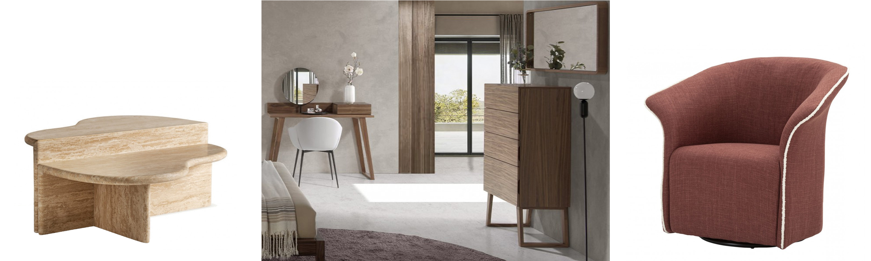 Luxusní béžový travertinový konferenční stolek Lorisa asymetrického tvaru a vysoká komoda z ořechového dřeva Vita Naturale s minimalistickým designem a čalouněné křeslo Merlon s terakotovým potahem a bílým detailem