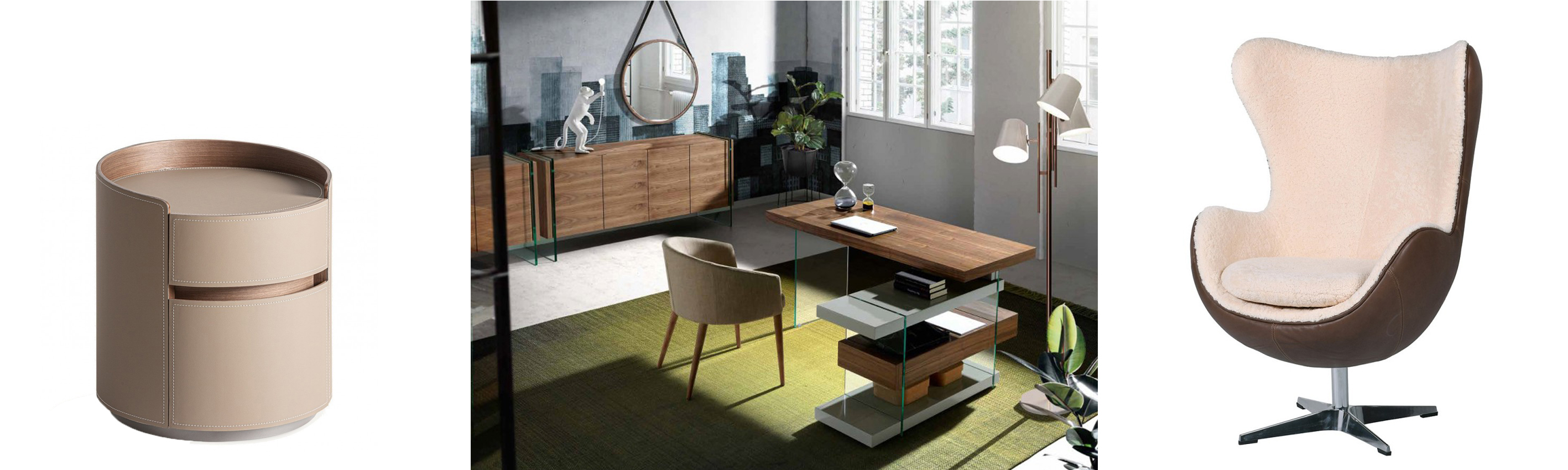 Designový minimalistický čalouněná krémový kulatý noční stolek Kendra a moderní sestava nábytku do obývacího pokoje Vita Naturale se zeleným akcentem a kožené křeslo Buffy typu egg s kožešinou
