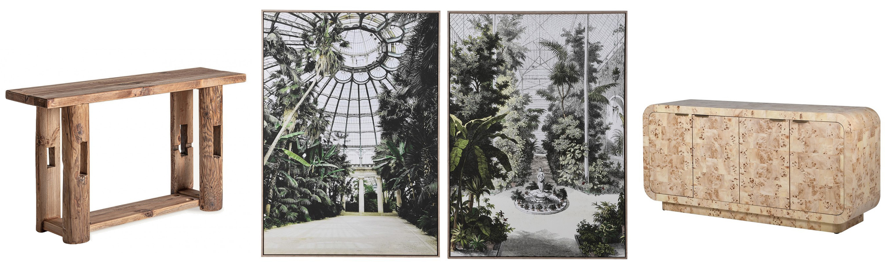 Luxusní konzolový stolek Poli z masivního recyklovaného dřeva a obrazy Botanic a Greenhouse s motivem skleníku a designový čtyřdveřový příborník Ygritte ze dřeva burl