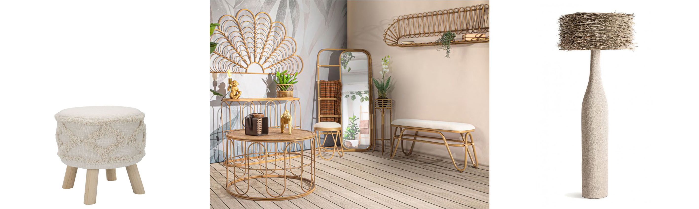 Designový etno taburetka Bruma s bílým potahem s aztéckým vzorem a dřevěnými nožičkami a sestava nábytku do předsíně Lania z ratanu a stojací lampa Narisa se stínítkem z mořské trávy