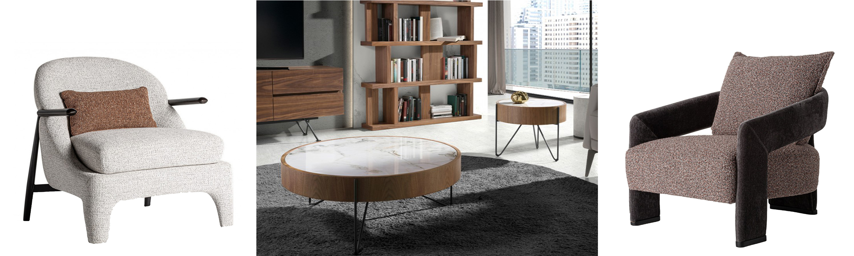 Luxusní designové křeslo Bilod se světlým potahem a hnědým polštářem a luxusní kulatý konferenční stolek Vita Naturale z mramoru a dřeva a moderní art deco křeslo Zeria v odstínech hnědé