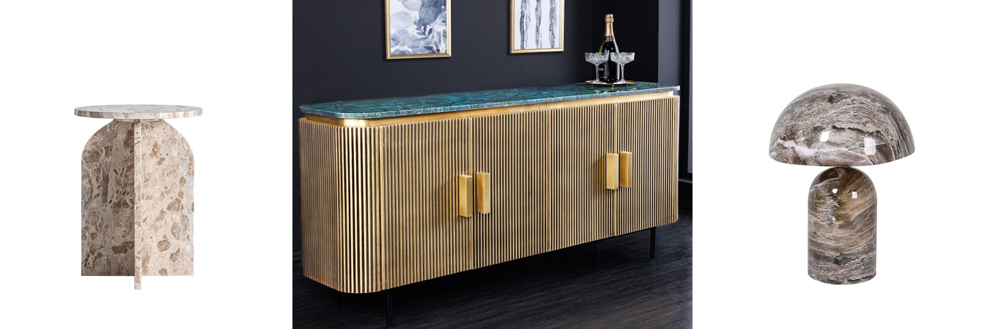 Luxusní mramorový nábytek béžový moderní terrazzo stolek Teran a art deco zlatý příborník Marmola Verde se zlatým drážkovaným designem a zelenou deskou a mramorová lesklá lampa Namibie v zemitých hnědých odstínech
