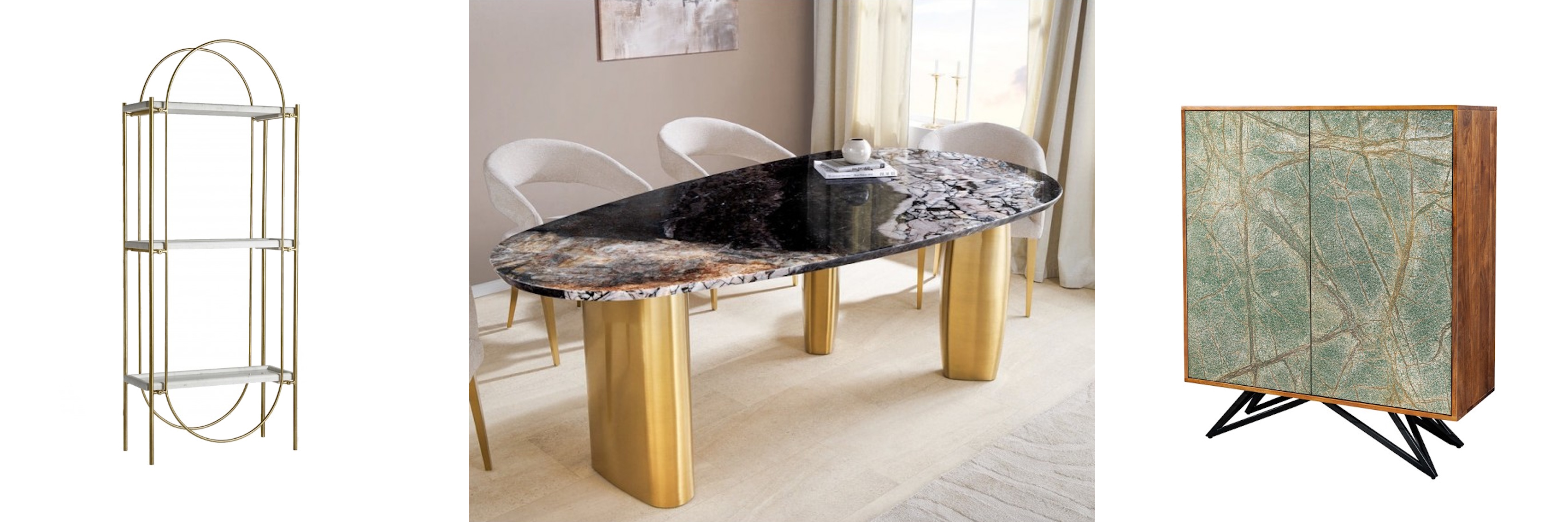 Designový mramorový nábytek art deco bílý regál Jana s oválným zlatým rámem a asymetrický jídelní stůl Galaxion s černou vrchní deskou a moderní barová skříňka Elentia se zelenými mramorovými dvířky