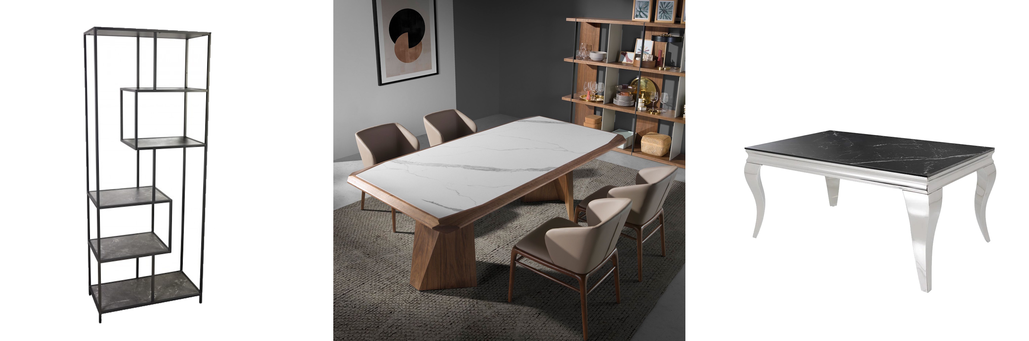 Designový mramorový nábytek černý industriální regál Industria Marble s asymetrickými policemi a moderní obdélníkový jídelní sot Forma Moderna s dřevěnou podstavou a konferenční stolek Modern Barock s černou deskou a chromovou podstvou