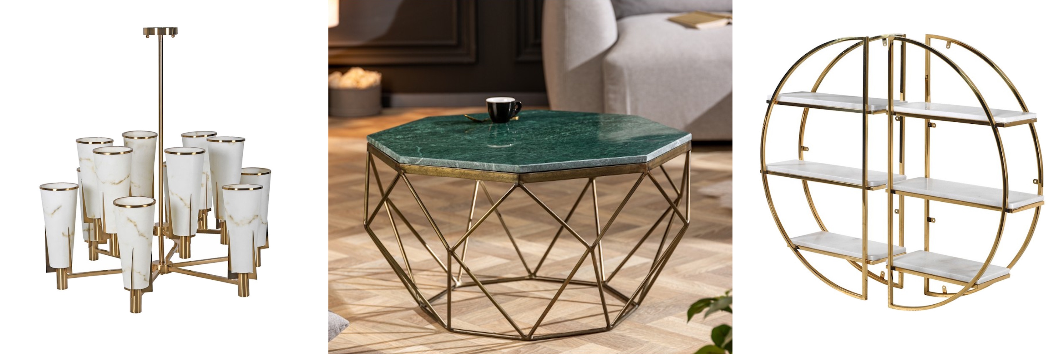 Luxusní mramorový nábytek v art deco stylu alabastrový lustr Lilliana s kamennými stínítky a koferenční stolek Adamantino s geometrickou podstavou a kulatá nástěnná police Circa s bílými prkny