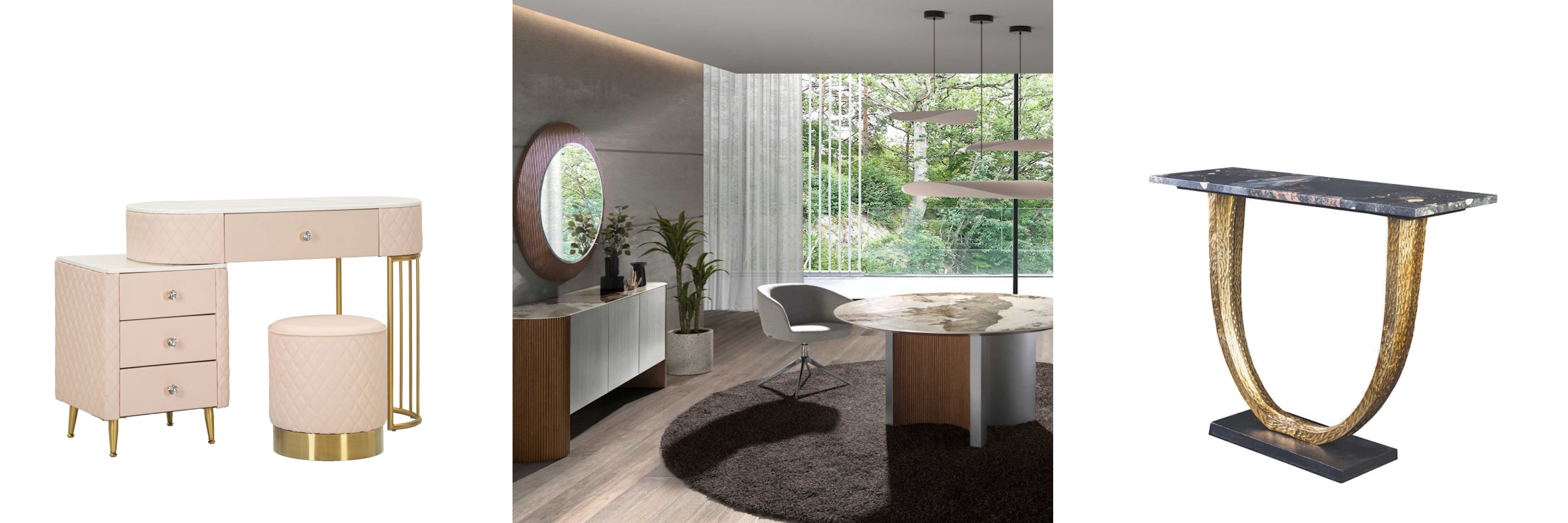 Moderní nábytek s mramorovými prvky růžový toaletní stolek s taburetkou a luxusní jídelní sestava Esté a konzolový stolek Lorentia s designovou podstavou a tmavou deskou