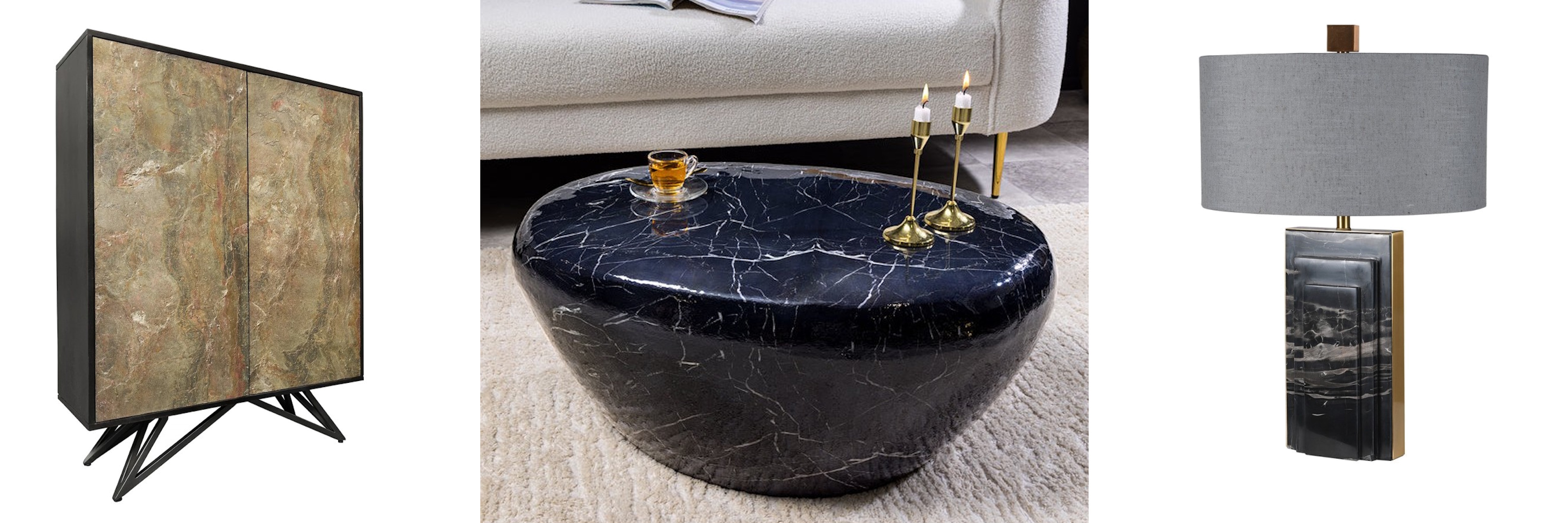 Designový mramorový nábytek barová skříňka Elentia s hnědými dvířky s kamennou aplikací a oválný konferenční stolek stone s celým mramorovým designem a stolní lampa Francis v černé barvě se zlatým akcentem