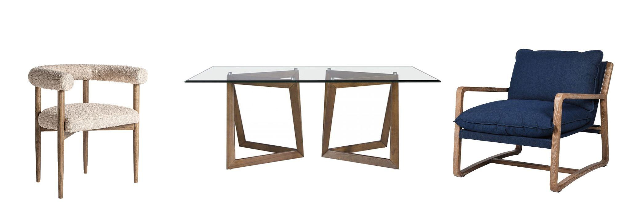 Nábytek z jasanového dřeva designové jídelní křeslo Elara s bílým buklé potahem a skleněný jídelní stůl Vita Naturale s moderní designovou podstavou a tmavě modré čalouněné křeslo Judith s retro nožičkami