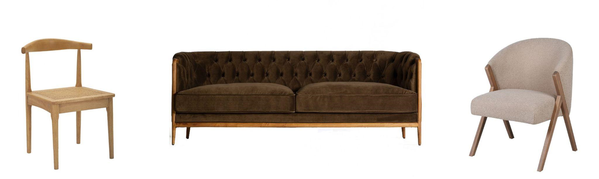 Luxusní nábytek s kaučukovou konstrukcí venkovská židle Noelle v naturální hnědé barvě a luxusní chesterfield sedačka Vienna se sametovým potahem a designová moderní židle Jerry s béžovým buklé potahem