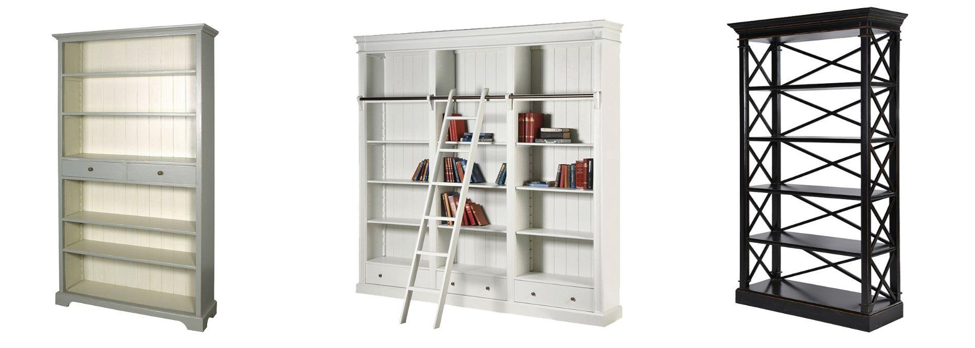 Luxusní knihovny z topolového dřeva šedá vintage knihovna Riva Gris a Bílá venkovská knihovna Amarante s žebříkem a černý regál Karlotta s křížovými konstrukčními prvky