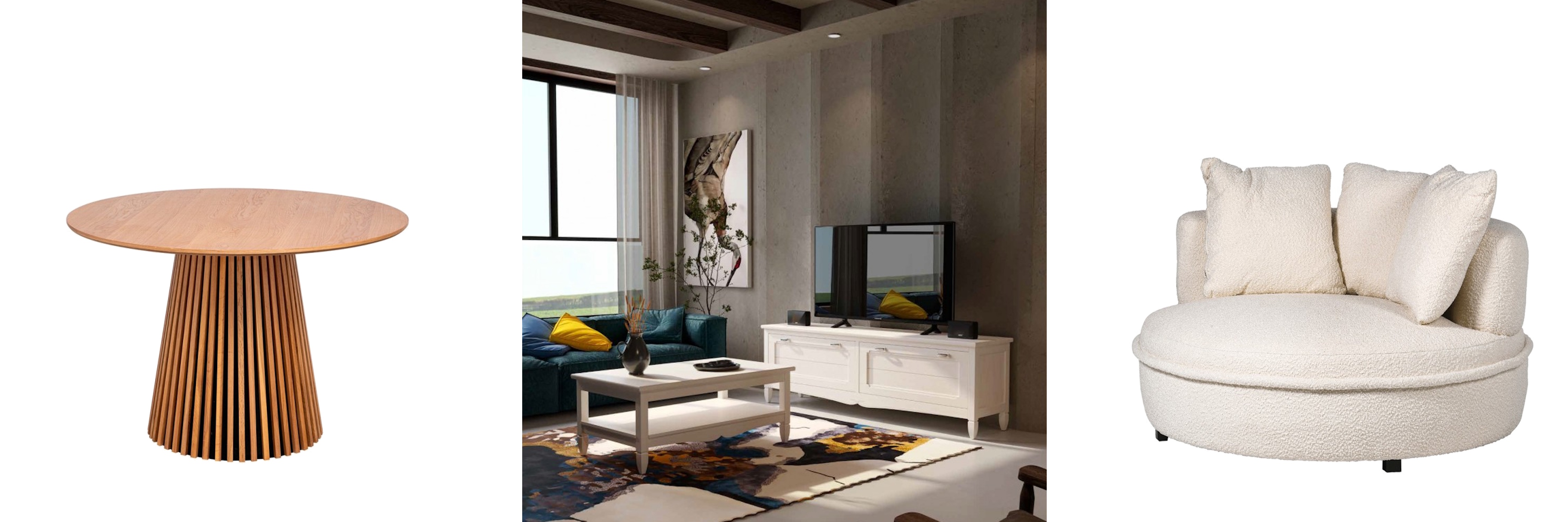 Designový nadčasový nábytek masivní kulatý jídelní stůl Davidson s lamelovou modstavou a obývací sestava Amberes v moderním venkovském stylu a kulaté bílé bouclé křeslo Lala