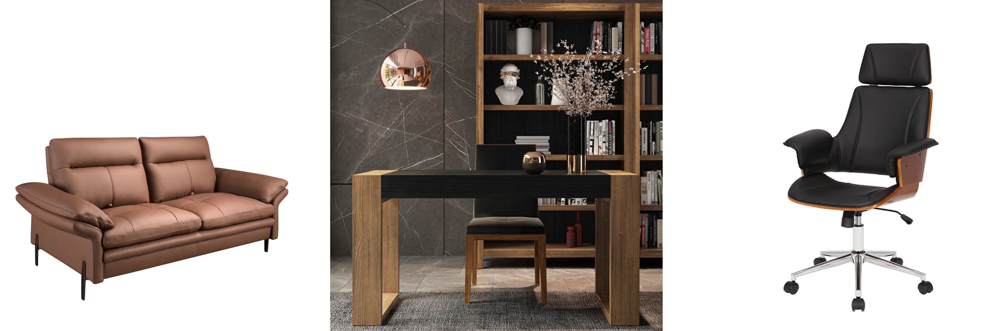 Luxusní nadčasový nábytek hnědá kožená dvousedačka Vita Naturale a sestava nábytku do pracovny Lyon z masivního dřeva a kandelářské křeslo Madison s dřevěným rámem a koženým potahem