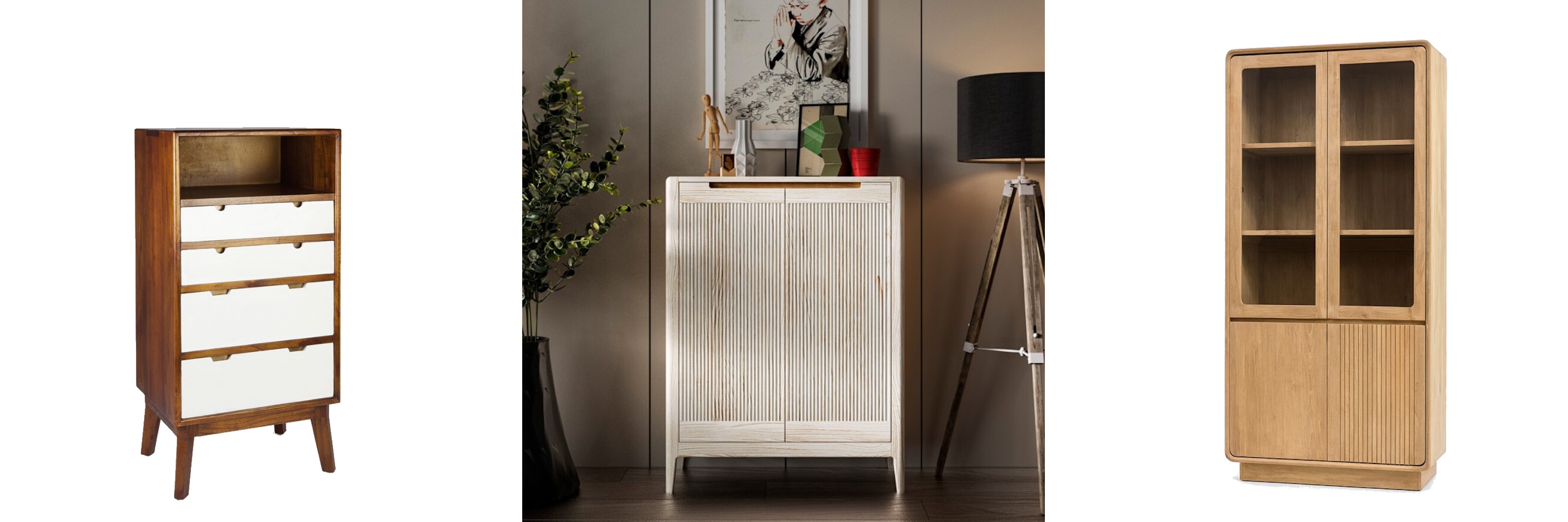 Nadčasové úložné prostory komoda Norse ze dřeva mindi v severském stylu a dvoudveřový botník Tallin s drážkovaným designem a vysoká vitrína Riga s retro zaoblenými hranami