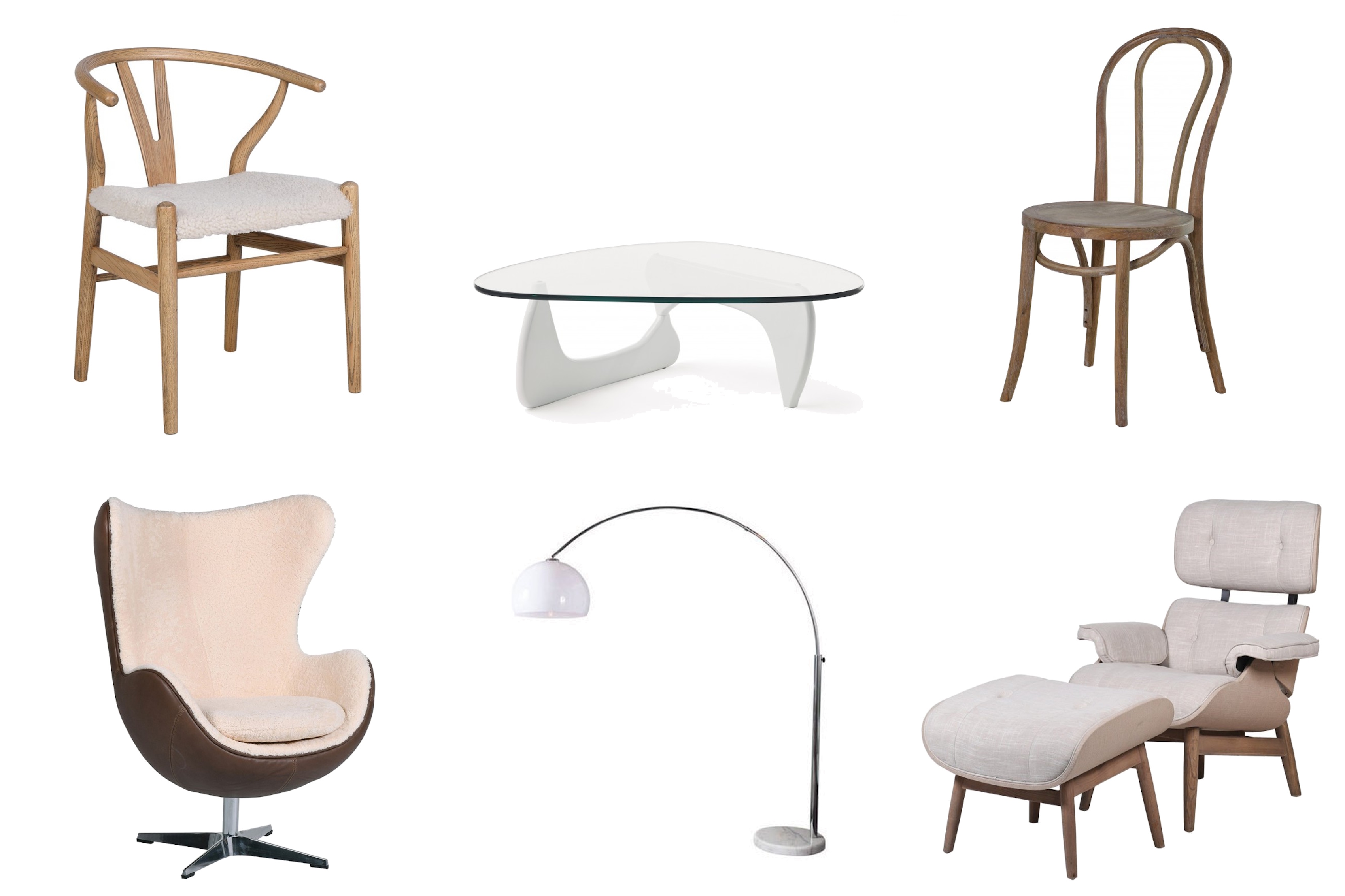 Ikonický nadčasový nábytek jídelní židle Classic s wishbone designem a skleněný konferenční stolek Dezina v Noguchi stylu a aton masivní židle Bernadette a kožené egg křeslo Buffy a stojací lampa Big Bow s Arco designem a křeslo s podnožkou ve stylu Eames Lounge