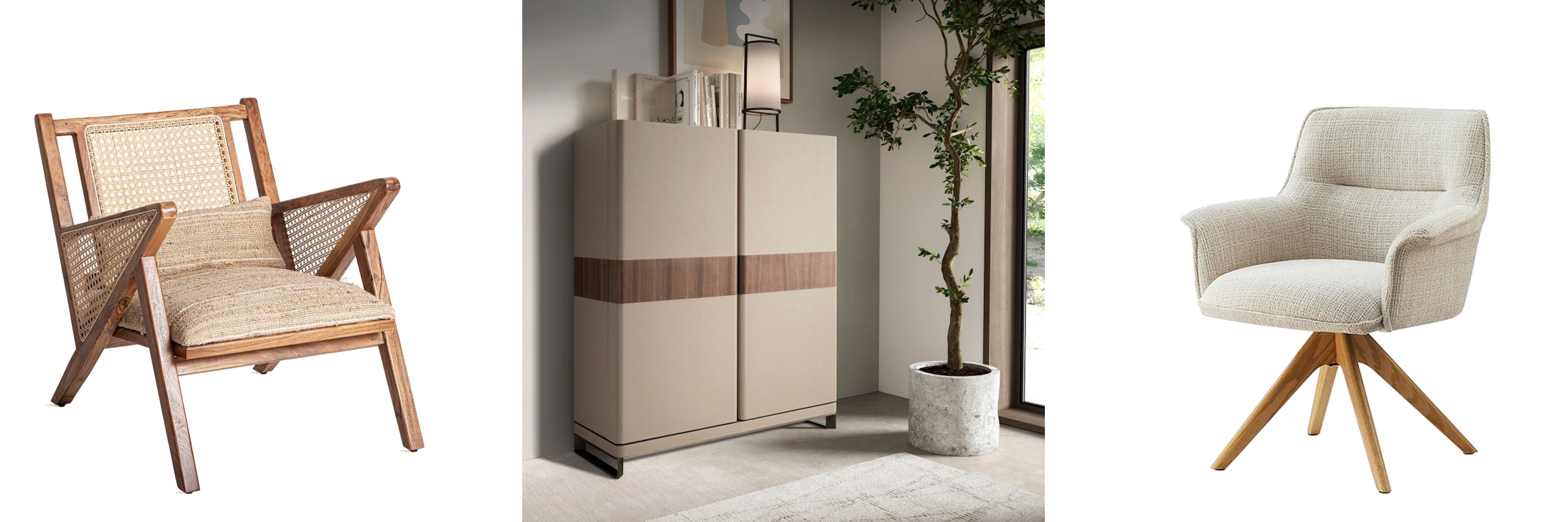 Nadčasový nábytek v zemitých tónech masivní křeslo Iudis v mid-century moderním stylu s ratanovým výpletem a barová skříňka Vita Naturale s koženým potahem a žinylkové bílé skandinávské jídelní křeslo Corvin