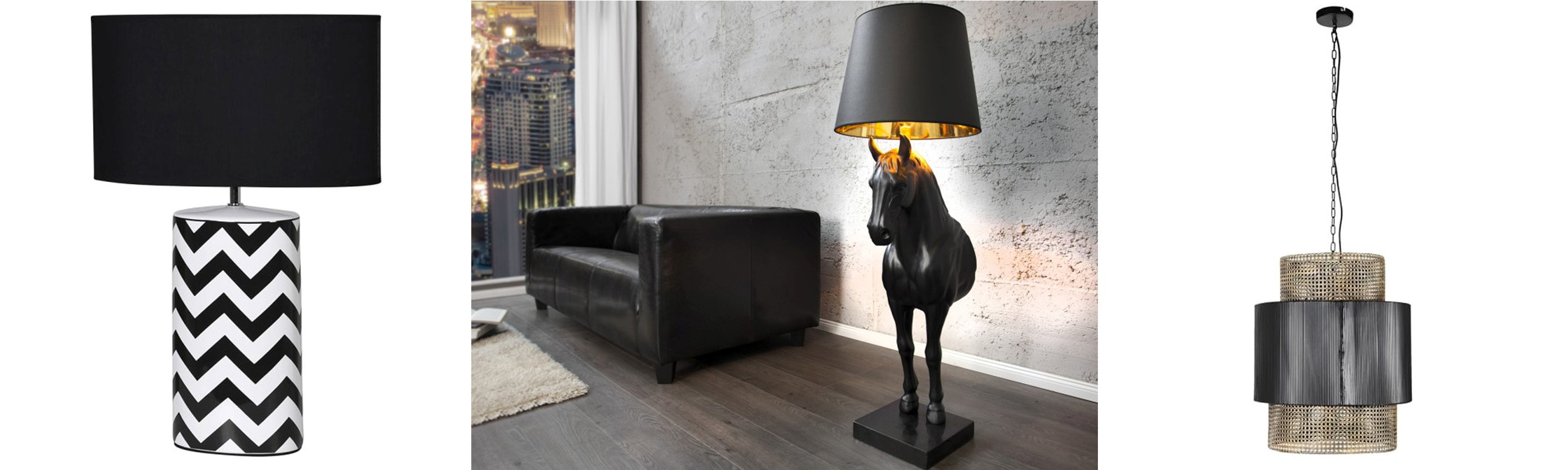Designové lampy v černé barvě stolní keramická lampa Zigland s chevronovým vzorem a stojací lampa Black Beauty ve tvaru koně a glamour lustr Lucilla s vídeňským výpletem