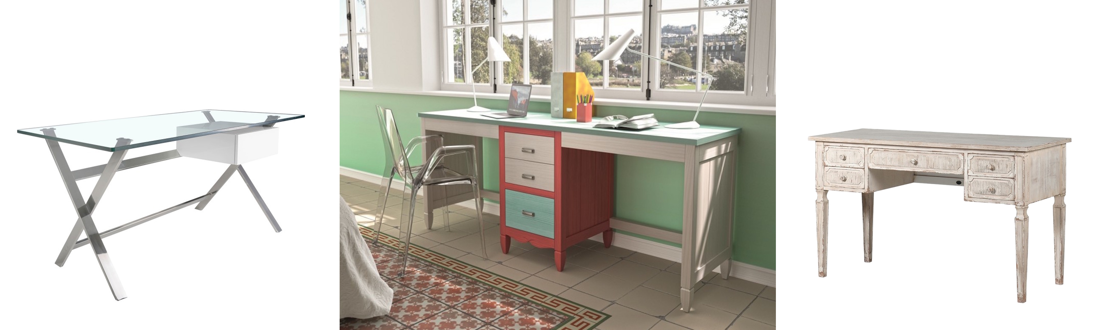 Designové psací stoly moderní skleněný stůl Urbano s chomovýma nohama a dvoumístný psací stůl Amberes do dětského pokoje a vintage psací stůl Celene Rode v šedé barvě s patinou