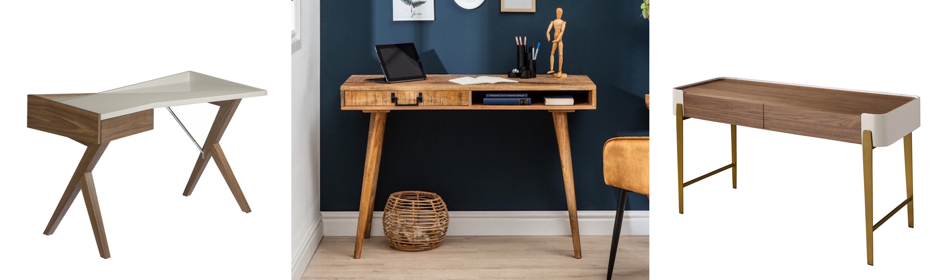 Moderní designový bílo hnědý psací stůl Vita Naturale s asymetrickou deskou a retro psací stůl Mango s policí a šuplíkem a art dece psací stůl Forma Modena s hnědobílou deskou a zlatýma nohama