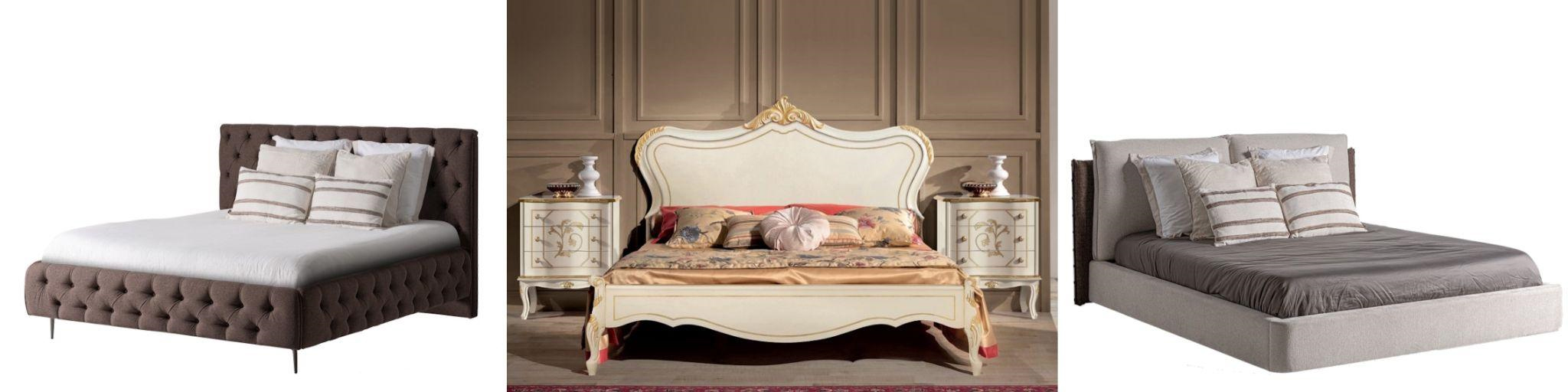 Luxusní manželské postele chesterfield moderní postel Mia s hnědým textilním potahem a klasická rustikální postel Clasicca s bílým vyřezávaným rámem se zlatými detaily a moderní postel Mariano s potahem v šedé a hnědé barvě