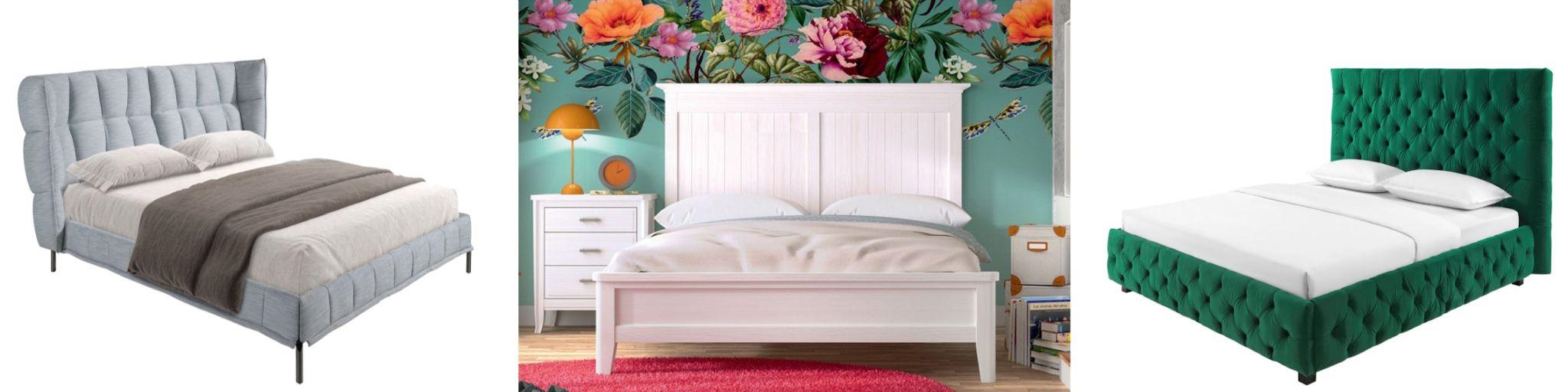 Designové manželské postele modrá postel Firmamento s bočnicemi v moderním italském designu a bílá masivní postel Genova s dřevěným rámem a čalouněná zelená sametová postel Kreon