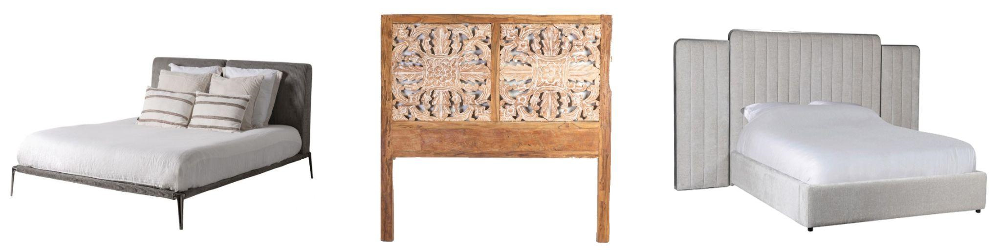 Designové postele a čela moderní šedá manželská postel Lindberg s lesklými nožičkami a dřevěné masivní čelo Talia s ornamentálním zdobením a manželská postel Nubilia s rozšířeným čalouněným čelem s kovovým rámem