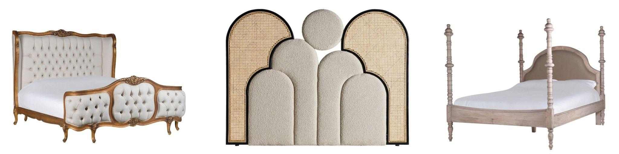 Designové postele a čela luxusní čalouněná postel Versailles s hlubokým prošívaným a zlatým rámem a art deco geometrické čelo s ratanovým výpletem a buklé a masivní vyřezávaná postel Nature se čtyřmi vysokými sloupky