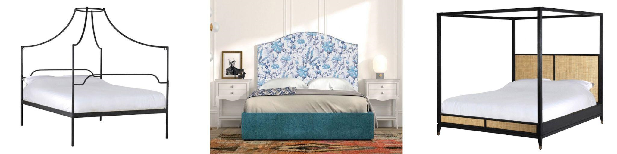 Designové manželské postele zámecká postel Regina s černým rámem s nebesy a modrá čalouněná postel Genova s čelem s florálním motivem a černá postel Emperor s vysokými sloupy a ratanovým výpletem