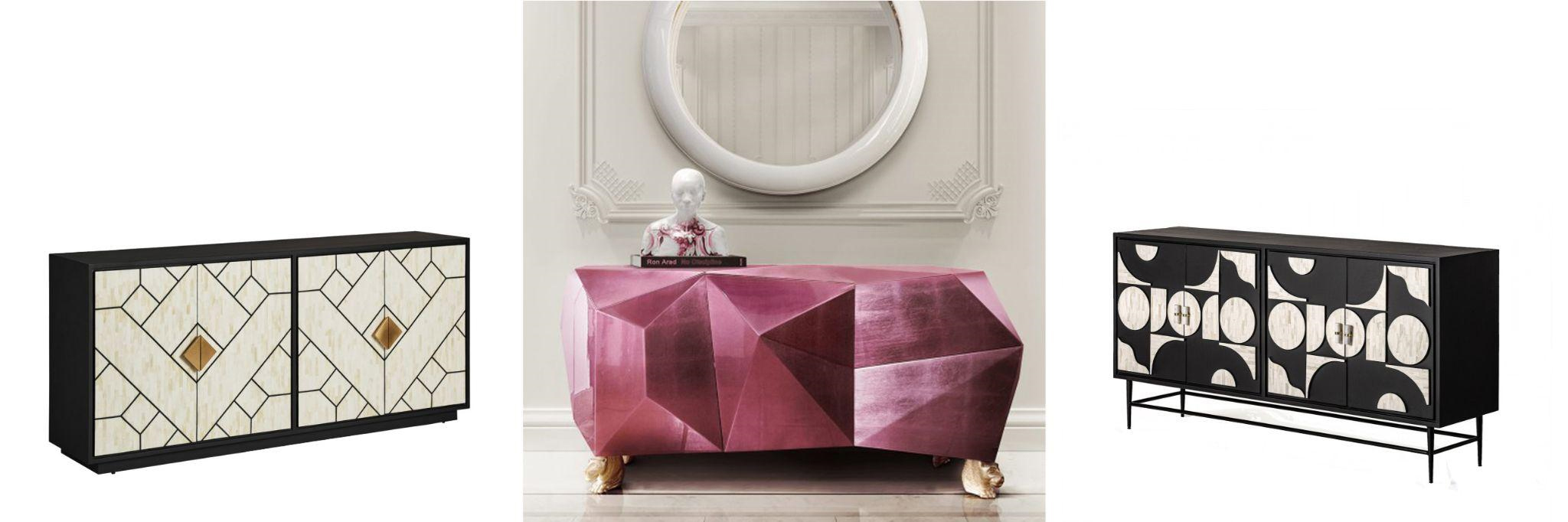 Luxusní příborníky art deco čtyřdveřový příborník Anisa s černobílou kostovou intarzií a glamour práborník Diamond Amethyst s atypickým tvarem ve fialové barvě a designový příborník Vasilij s černobílou geometrickou mozaikou