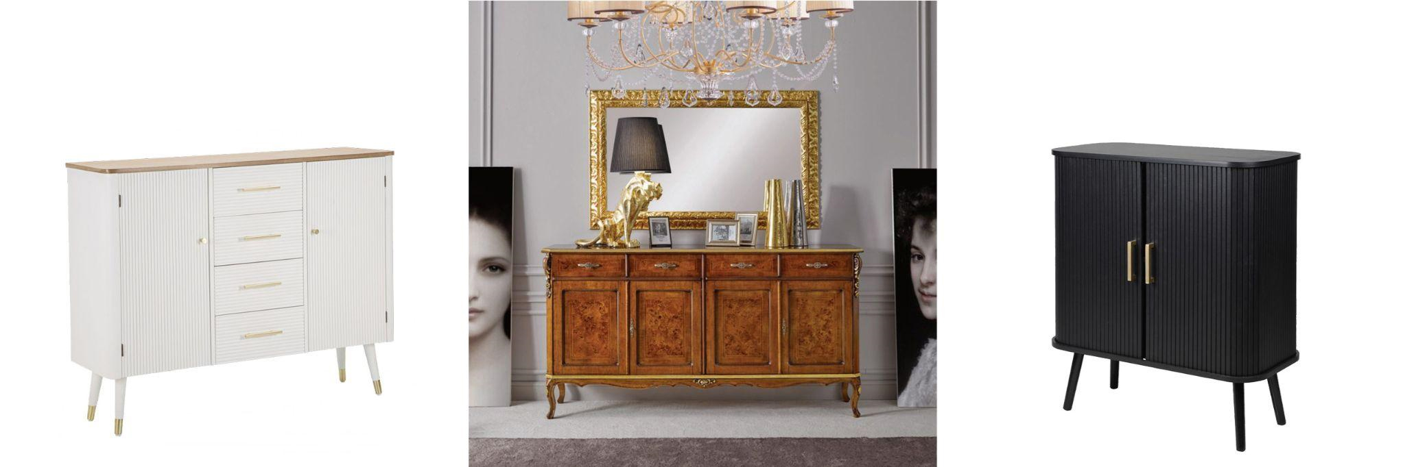 Designové příborníky art deco bílý příborník Samira se zlatými detaily a klasický čtyřdveřový příborník Clasica s vyřezávaným zdobením a designový černý příborník Benedict se dvěma dvířky s lamelami