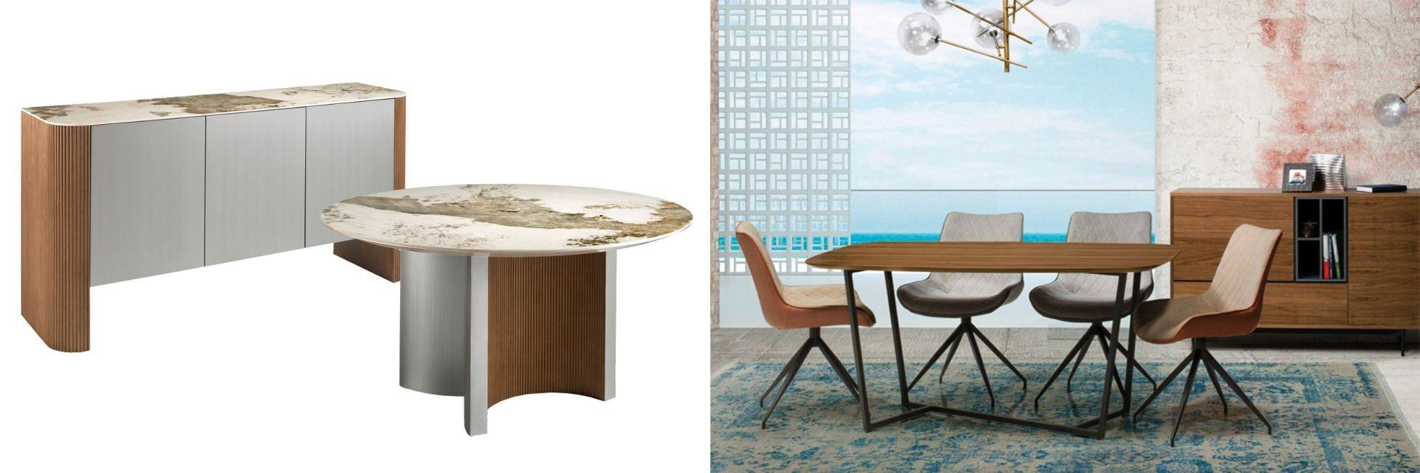 Luxusní sestavy nábytku do jídelny mramorový příborník a jídelní stůl Esté v art deco stylu a moderní jídelní sestava Vidar z masivu a kovu