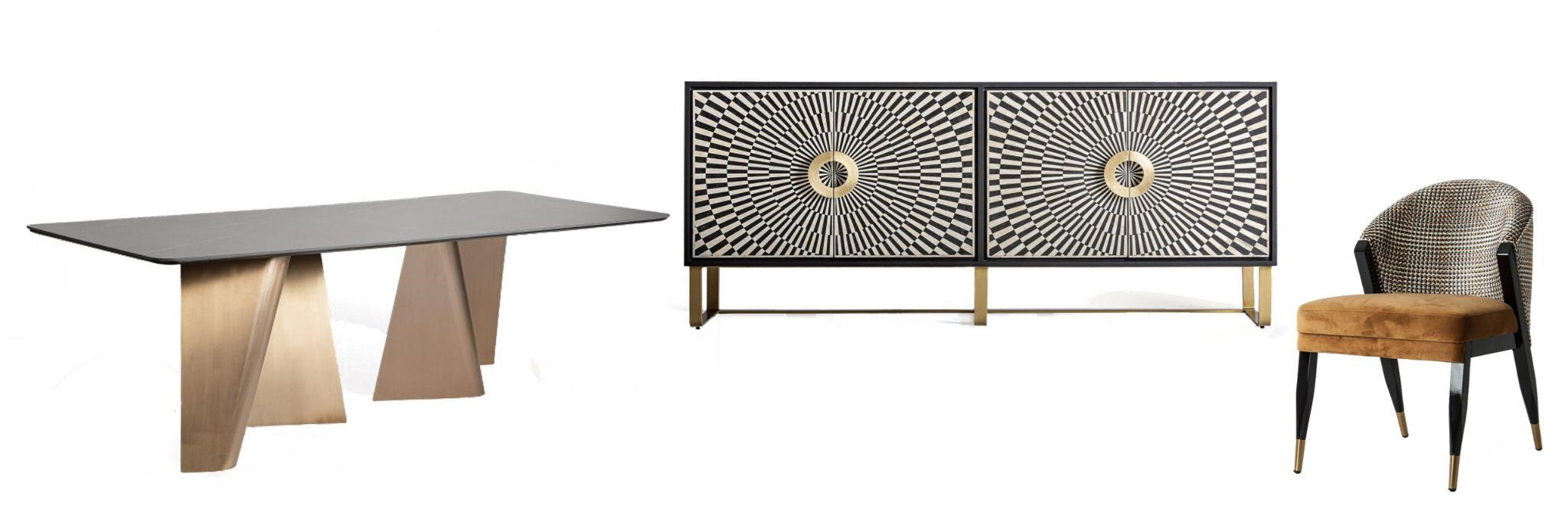 Luxusní art deco nábytek do jídelny jídelní stůl Cortina s designovou zlatou podstavou a černou mramorovou deskou a čtyřdveřový příborník Caderina s černo-bílou intarzií se vzorem paprsků a čalouněná jídelní židle Brilon se žlutým sedadlem a vzorovanou opěrkou
