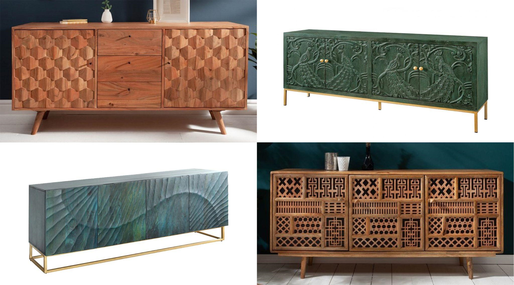 Designové příborníky masivní příborník Mozaika s vykládaným zdobením dvířek a vintage příborník Birdy v zelené barvě s vyřezávanými pávy a modrý příborník Cumbria s organickým reliéfem vlny a masivní příborník Adasil s vyrezávanou orientální výzdobou
