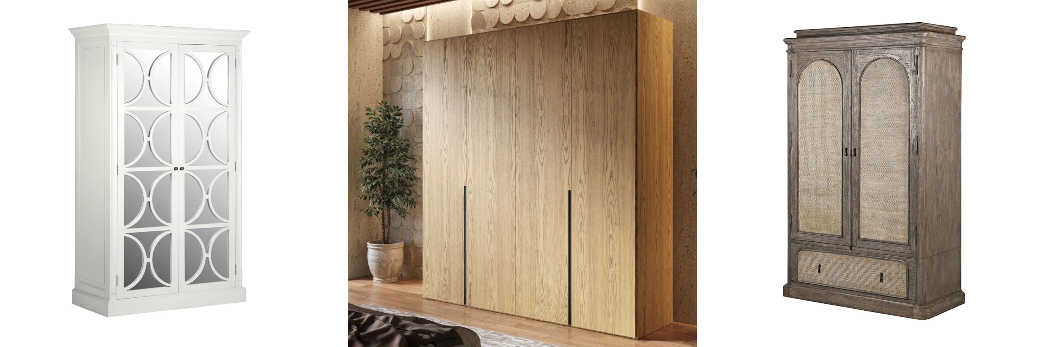 Luxusní šatní skříně art deco zrcadlová skříň Amarante v bílé barvě s ornamentální výzdobou a moderní skříň Praga se čtyřmi dvířky ve světle hnědé barvě a vintage hnědá skříň Rickem s dvířky a šuplíkem s výpletem a patinovaným dekorem