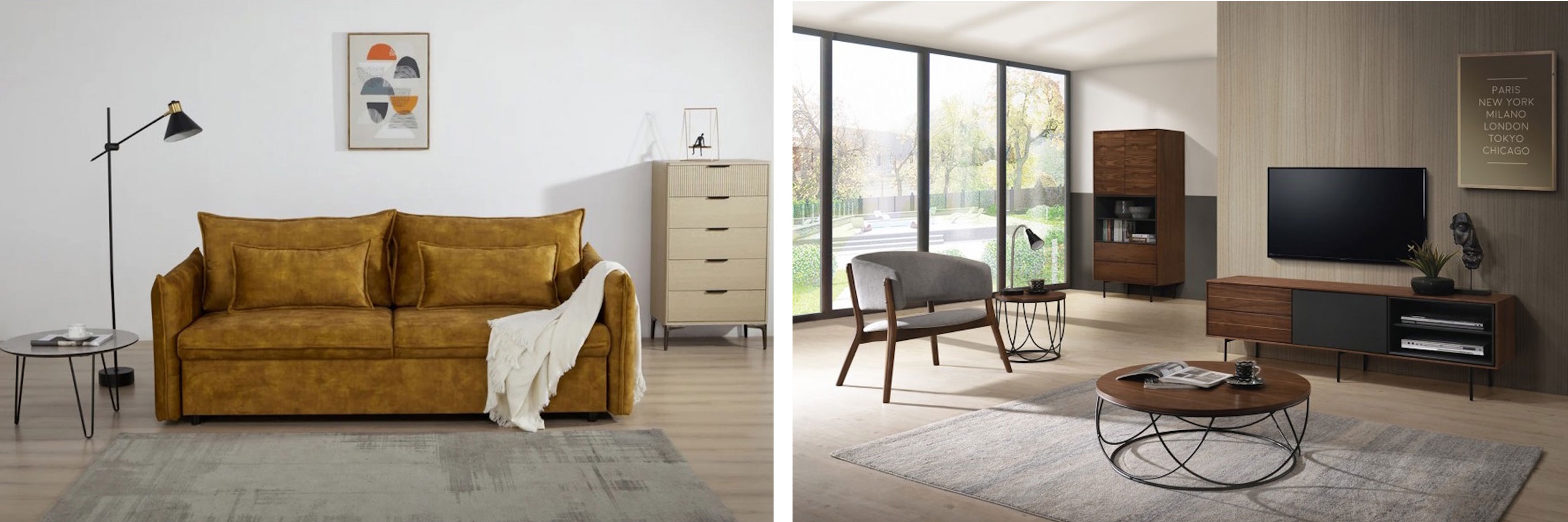 Designová hořčicová žlutá skandinávská sedačka Heaven se sametovým potahem a luxusní sestava nábytku Nordica Nogal v severském stylu s tmavým dřevem a černými detaily