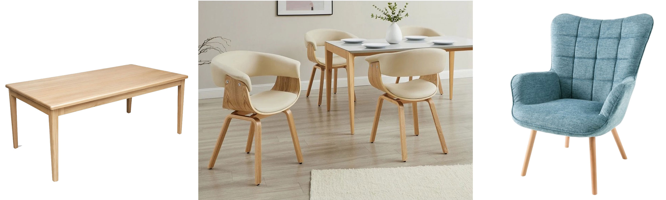 Designový skandinávský nábytek ve světlém hnědém provedení masivní moderní obdélníkový stůl Bergen a kožená jídelní židle Ecco se světlým krémovým provedením a designovou opěrkou a křeslo Scandinavia ve stylu ušáku s prošívaným textilním potahem v modré barvě