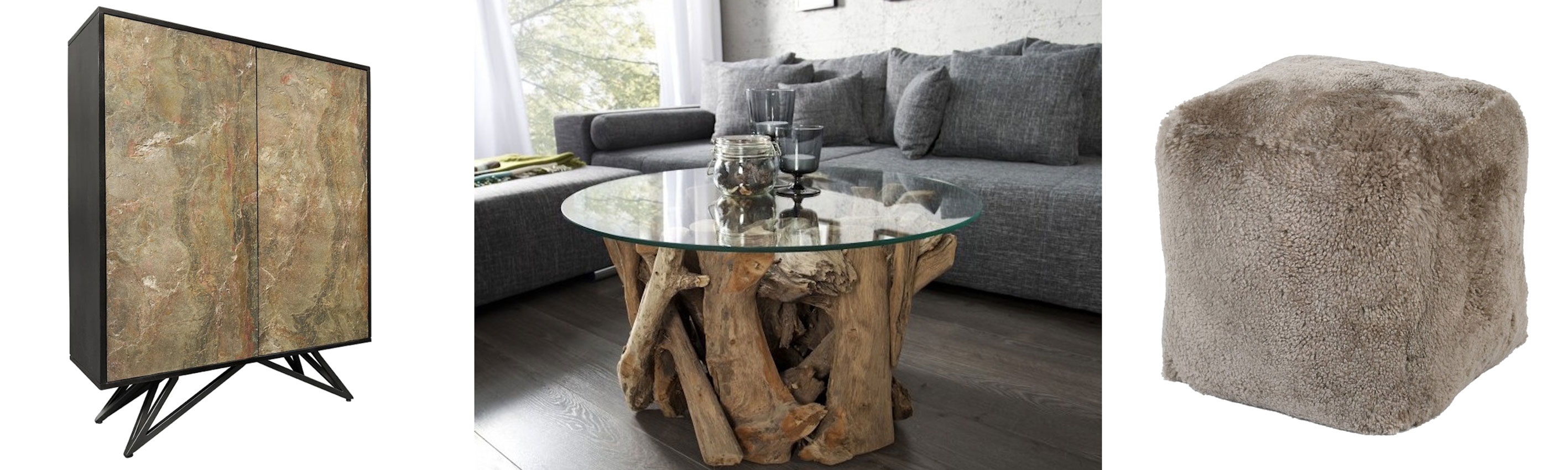 Moderní nábytek v severském stylu barová skříňka Elentia z černého dřeva s dvojitými dvířky z hnědým kamenným designem a kulatý konferenční stolek Wild s rustikální podstavou z naplaveného dřeva a skleněnou deskou a taburetka typu pouf Kaisa s potahem z pravé ovčí kožešiny