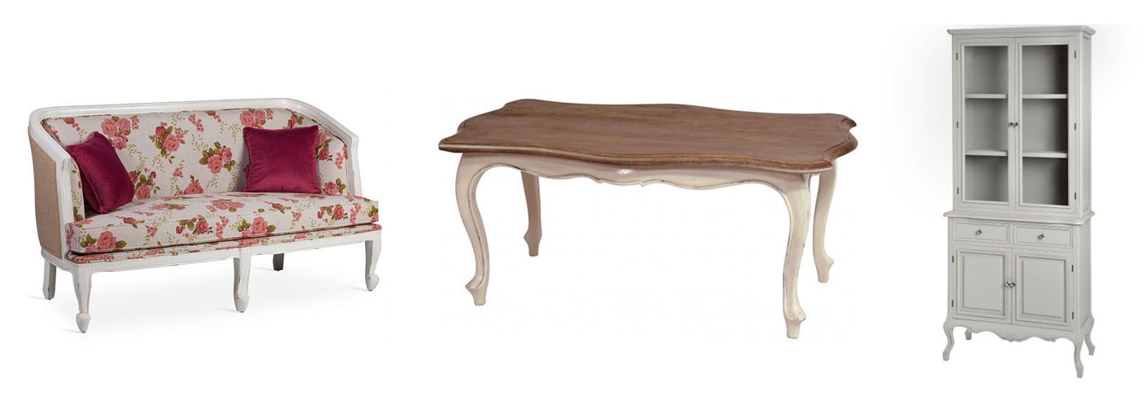 Provence sedačka Flores s vintage bílým potahem, Konferenční stolek Antoinette v luxusním provence stylu s vanilkovým nátěrem, Luxusní provence vitrína Fleur bílá