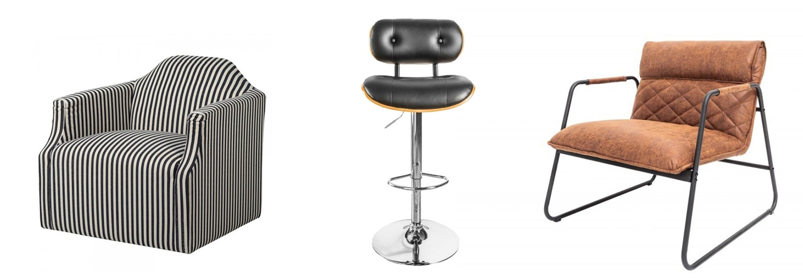 retro pruhované černo-bílé kŘeslo Arkadda, Barová židle Timna v retro stylu, Retro designové křeslo Olympus hnědé barvy z ekokuže a kovu