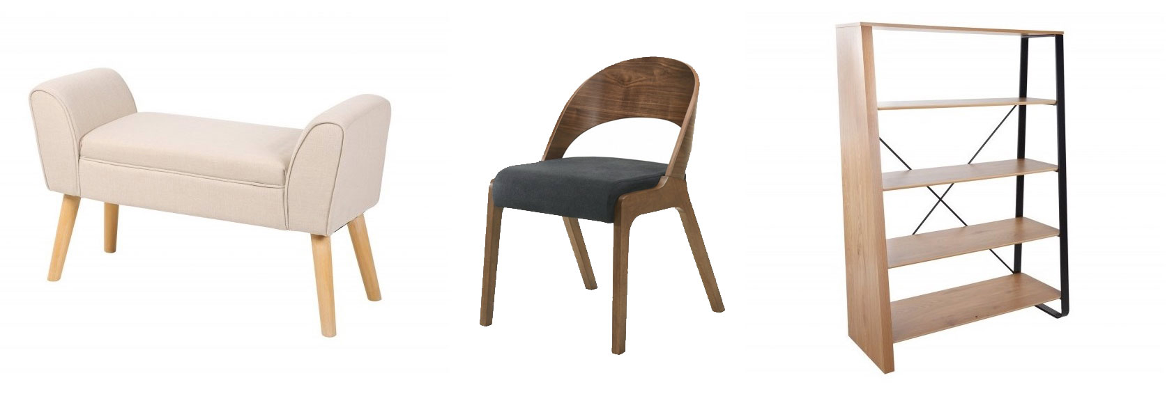 Skandinávská čalouněná lavice Karen béžové barvy, Stylová skandinávská židle Nordica Nogal z ořechového dřeva, Skandinávský regál Linden ze dřeva s černým kovovým rámem
