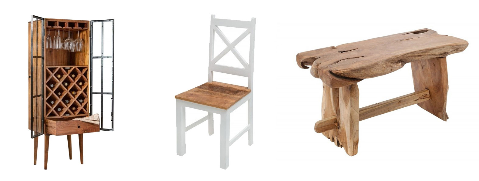 Venkovská stylová vinotéka Bodega z masivního dřeva, Vkusná masivní židle Frida Blanca, Příruční stolek Basildon z masívního teakového dřeva