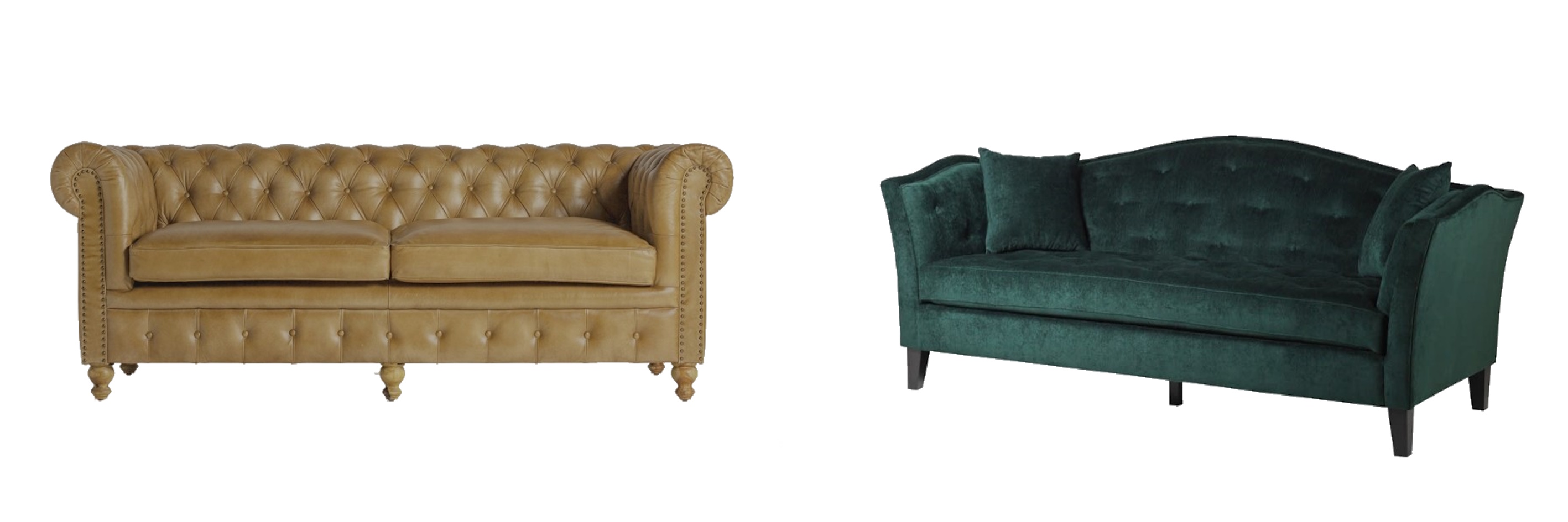 Sedačky v klasickém elegantním stylu hnědá kožená sedačka Talbot s chesterfield designem a sedačkq Relia s opěrkou v camelback designu se sametovým tmavě zeleným potahem