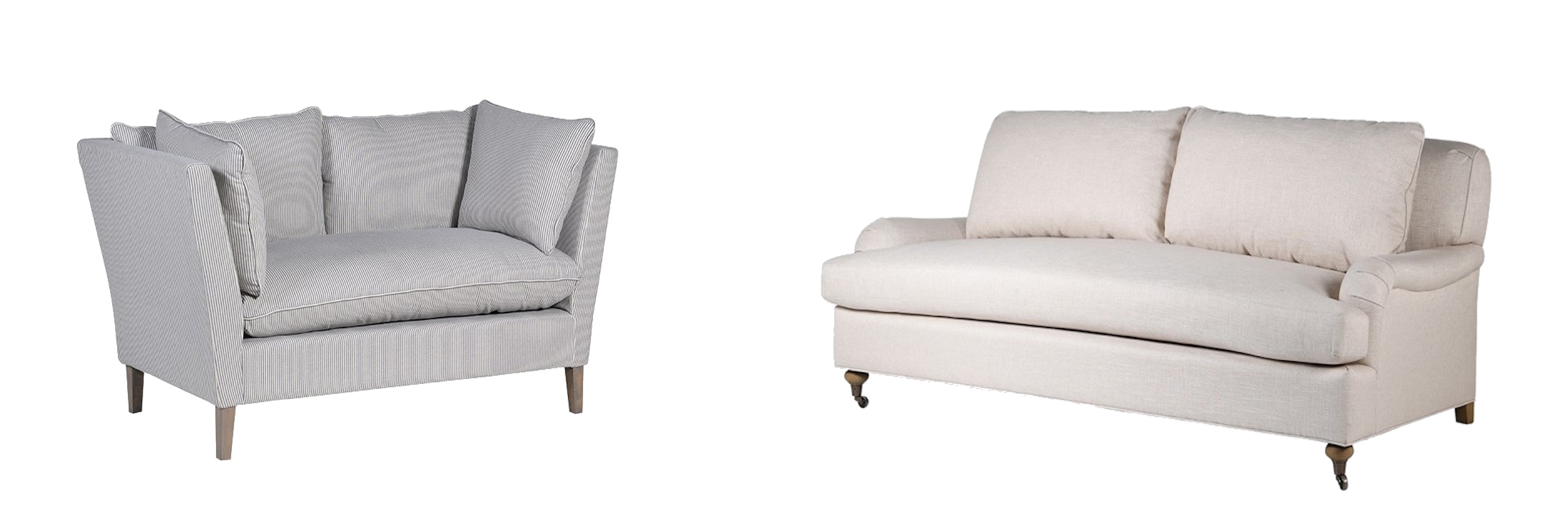 Tradiční sedačky černobílá knole sedačka Malisa s proužkovaným potahem a šikmými opěrkami a krémová English Arm Roll sedačka Belgian s nízkými opěrkami a dřevěnýma nohama