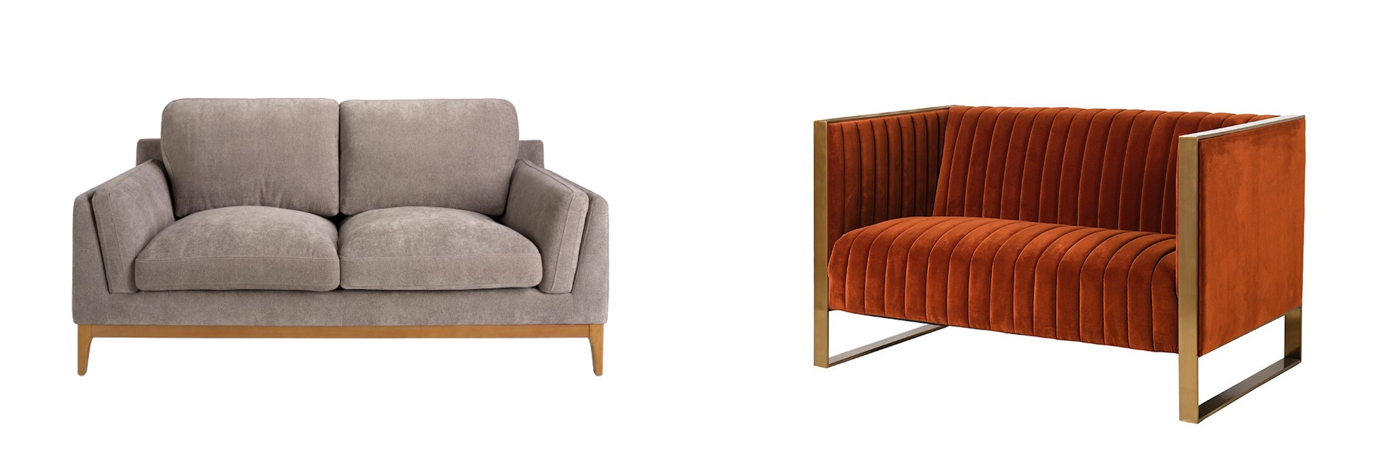 Designové sedačky v moderním stylu šedohnědá sedačka Vita Naturale s dřevěnýma nohama v Lawson stylu a retro tuxedo sedačka Arroyo se sametovým oranžovým potahem a zlatým rámem