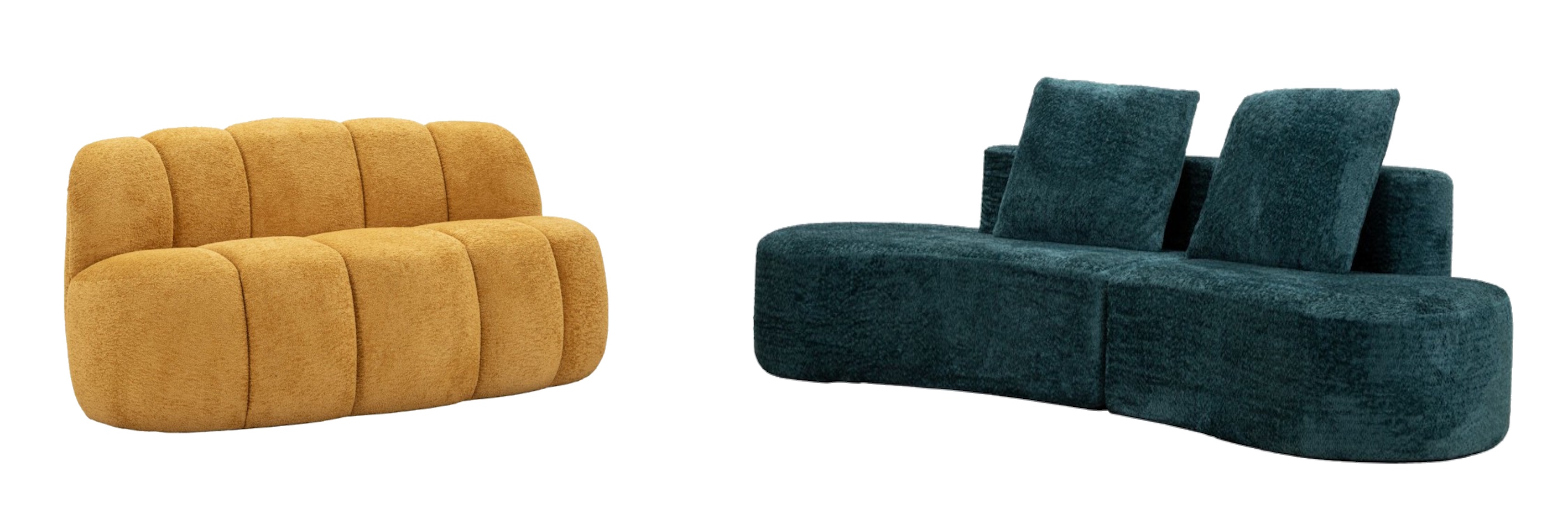 Moderní sedačky s organickými zaoblenými tvary cloud sedačka Berry se žlutým plyšovým potahem a sametová curved sedačka Lilos v tyrkysovém provedení