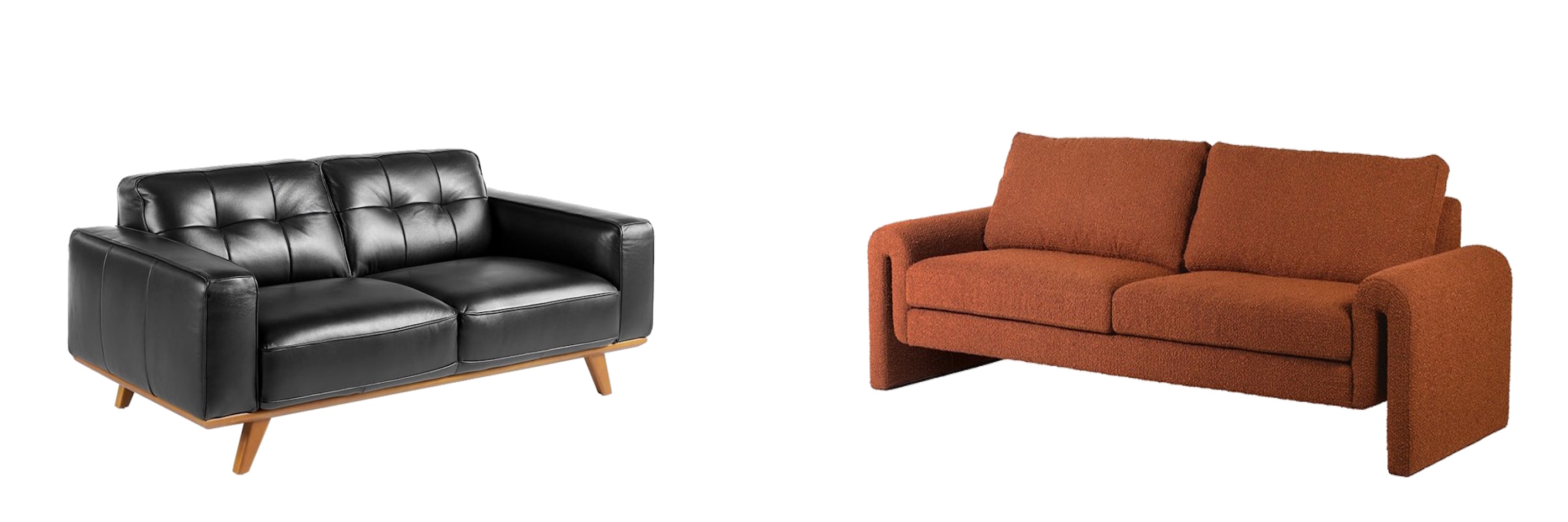 Moderní designové sedačky černá sedačka Vita Naturale s dřevěnýma nohama v mid century modern stylu a nízká platformová sedačka Mey s buklé potahem ve spálené oranžové barvě