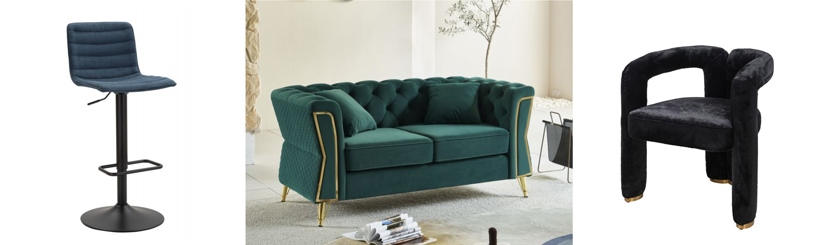 Designový čalouněný nábytek tmavě modrá industriální barová židle Lenza a sametová glamour zelená sedačka Velaria a černá art deco židle Teddy s kožešinovým potahem