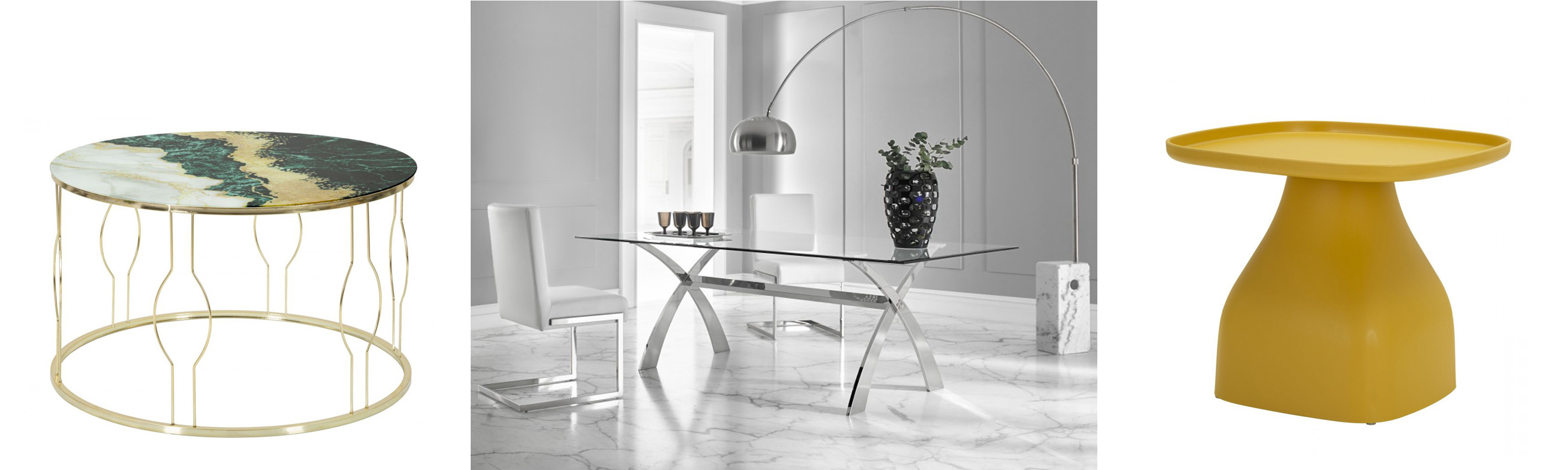 Moderní designový nábytek art deco kulatý konferenční stolek Zeran s designem zeleného mramoru a luxusní jídelní stůl Cromix ze skla a chromu a plastový žlutý moderní příruční stolek Avanguardio