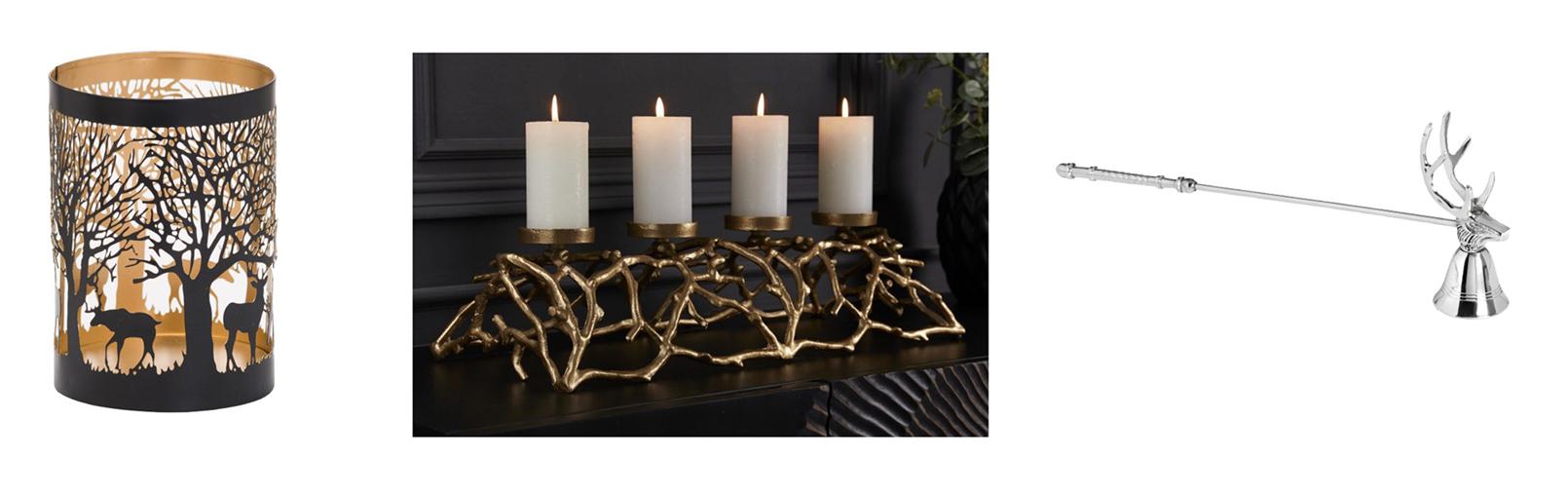 Designová lucerna Torbeo, Kovový svícen na čtyři svíce Cuerna, Stylové zhasínadlo svíček ve tvaru jelena
