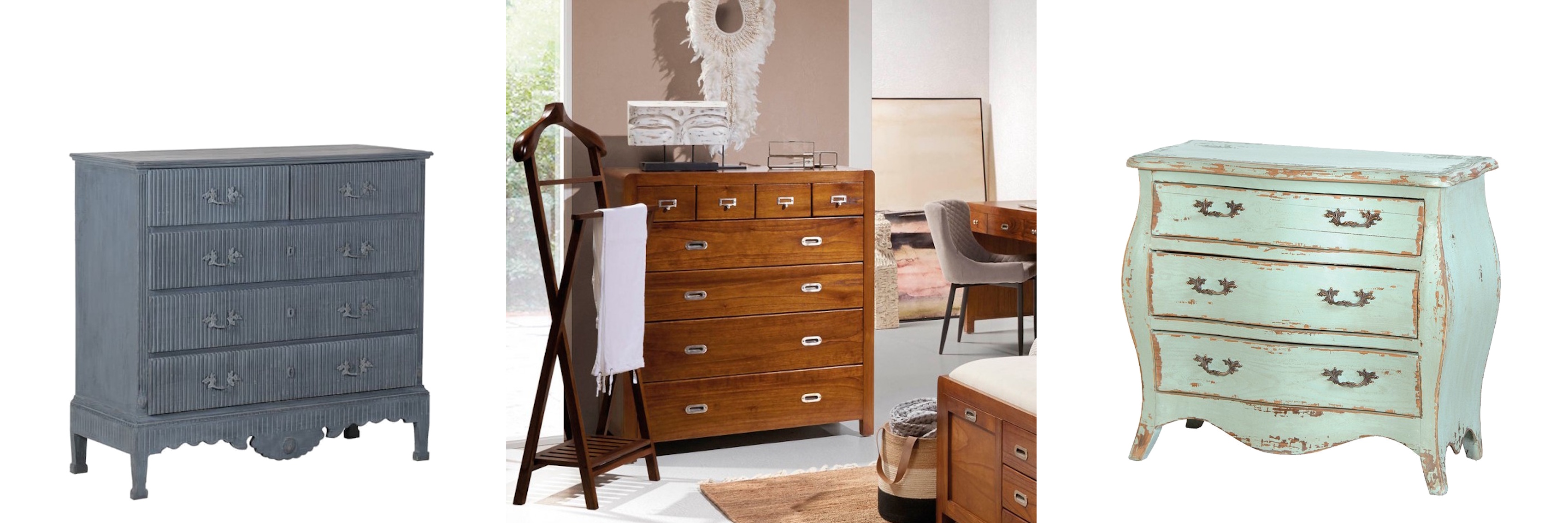 Designové stylové komody modrá vintage komoda Dolores s vyřezávaným zdobením a masivní koloniální komoda Flash ze dřeva mindi v naturální hnědé barvě a klasická komoda Etienne se starožitným designem v zelené barvě